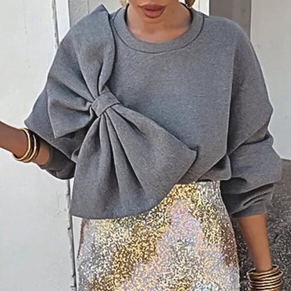 Grey Casual Women's Solid Color Long Sleeve Sweatshirt With Bow Decoration - Picture 4 of 6